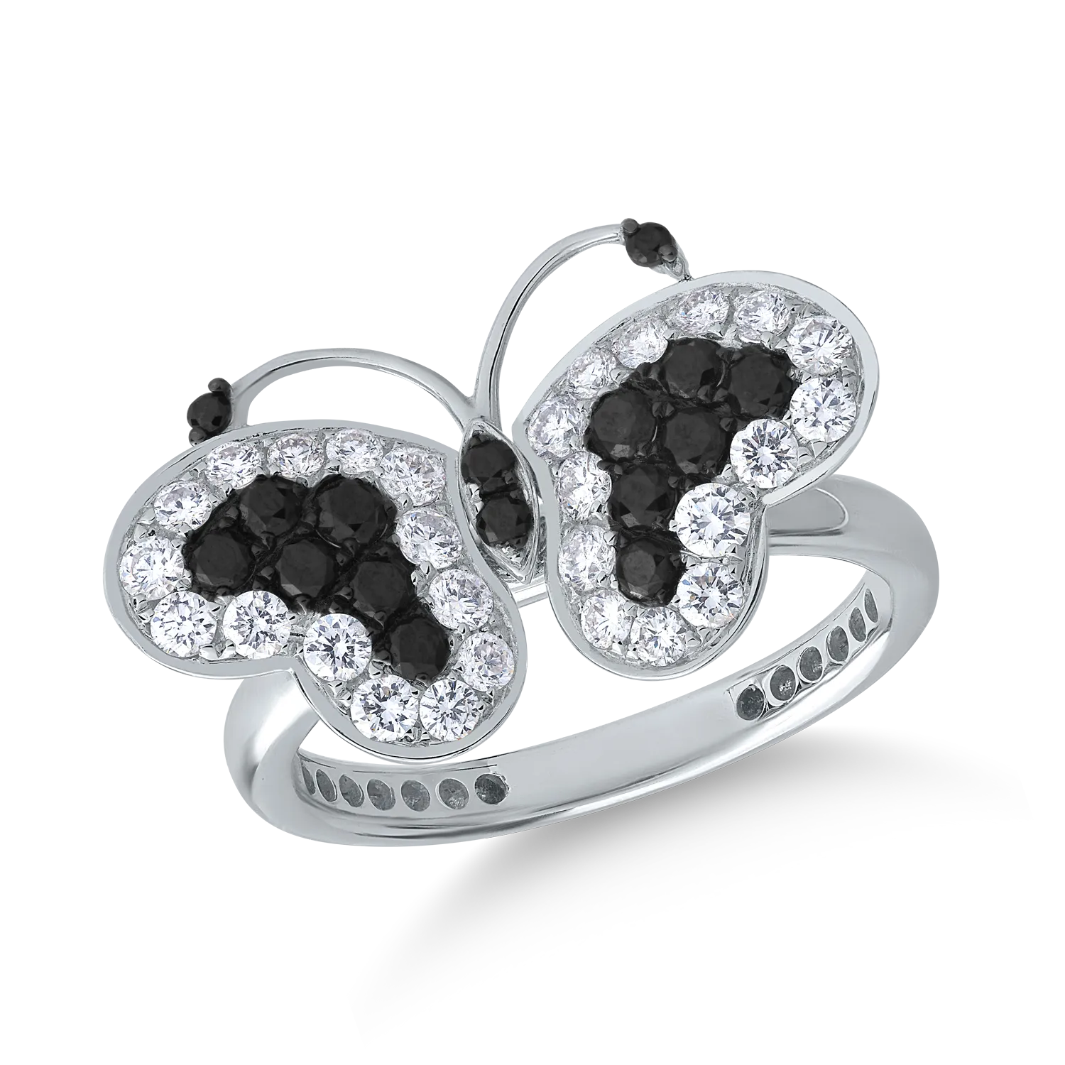 18K white gold butterfly ring with 0.35ct black diamonds and 0.55ct clear diamonds