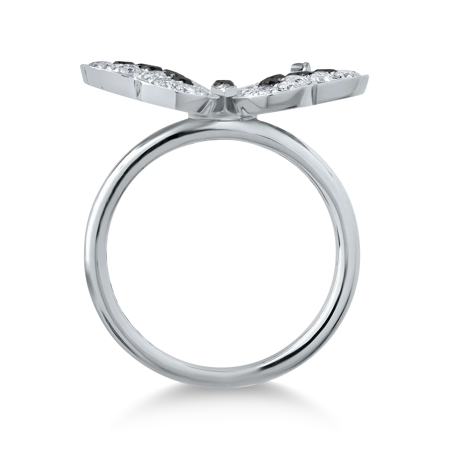 18K white gold butterfly ring with 0.35ct black diamonds and 0.55ct clear diamonds