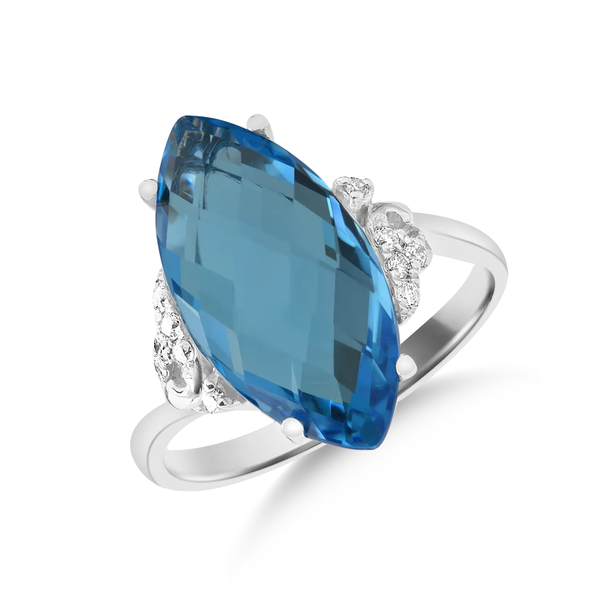 14K fehér arany gyűrű 8.2ct kék topázzal és 0.11ct gyémántokkal