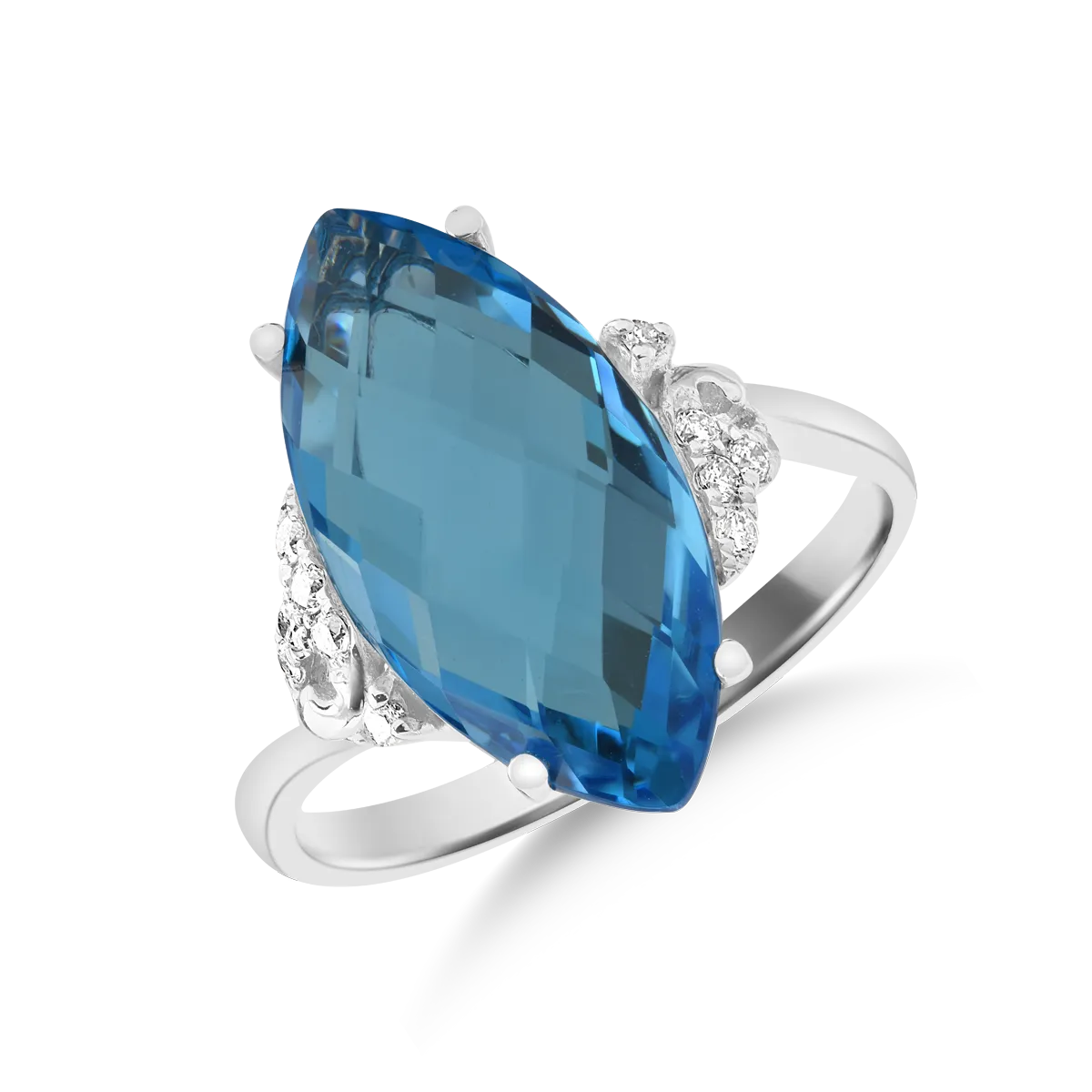 Inel din aur alb de 14K cu topaz albastru de 8.2ct si diamante de 0.11ct