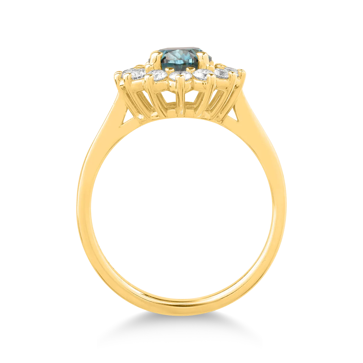 18k sárga arany gyűrű, kék gyémánt 1.01ct és tiszta gyémánt 0.4ct