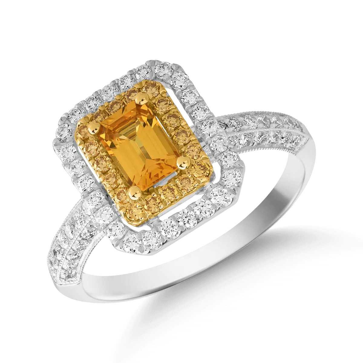Fehér-sárga arany gyűrű 0.69ct sárga zafírral és 1.64ct gyémántokkal