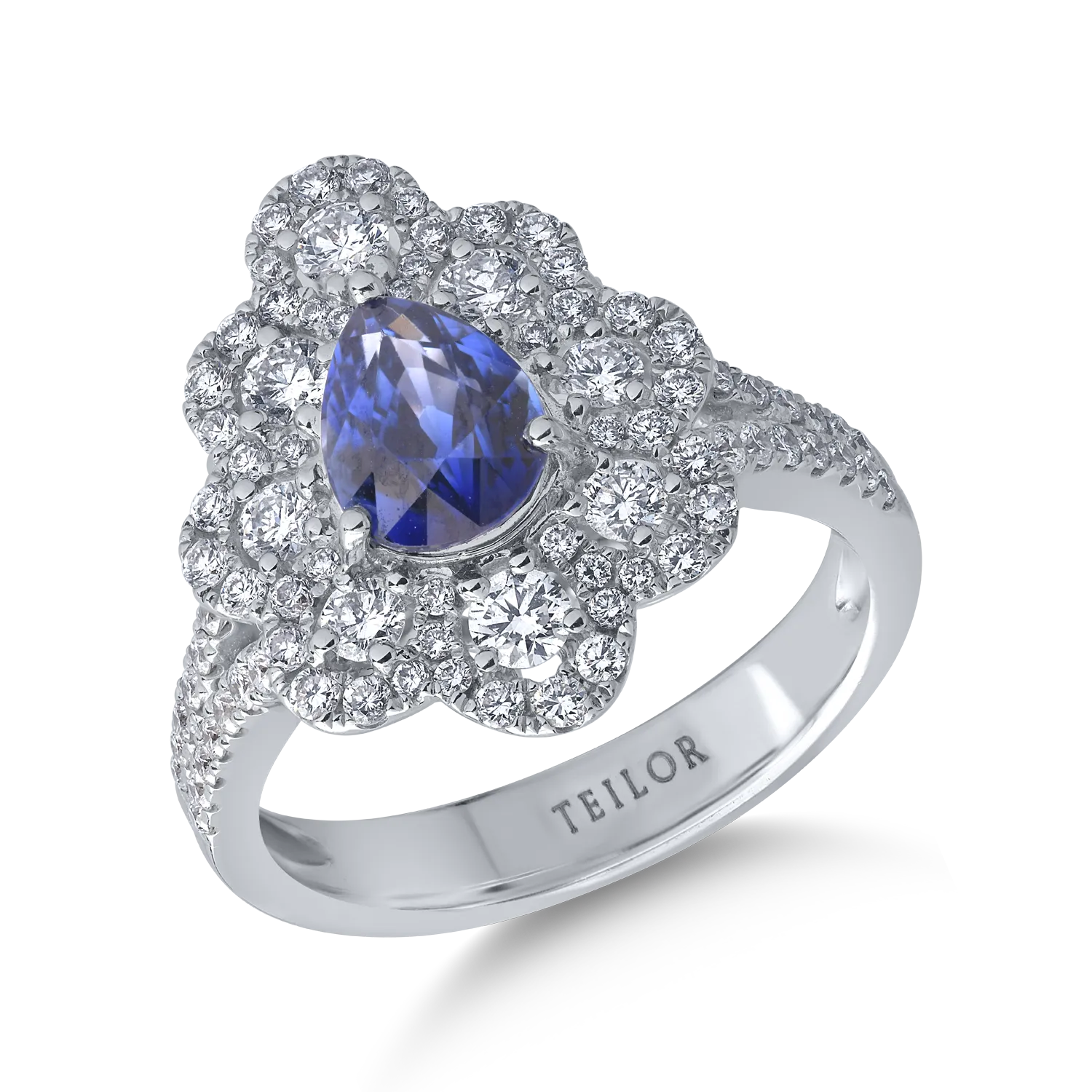 Inel din aur alb cu safir pear de 1.4ct si diamante de 0.9ct