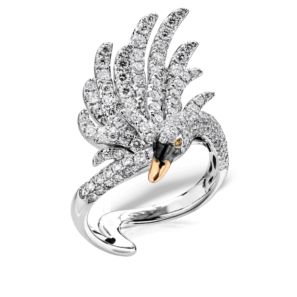 18K white gold swan ring with 1.68ct clear diamonds and 0.01ct yellow diamonds