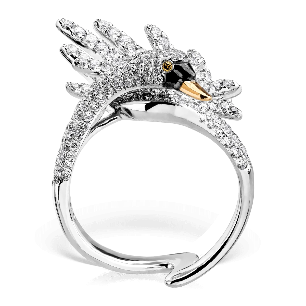 Hattyús gyűrű 18K-os fehér aranyból 1.68ct átlátszó gyémánttal és 0.01ct sárga gyémánttal