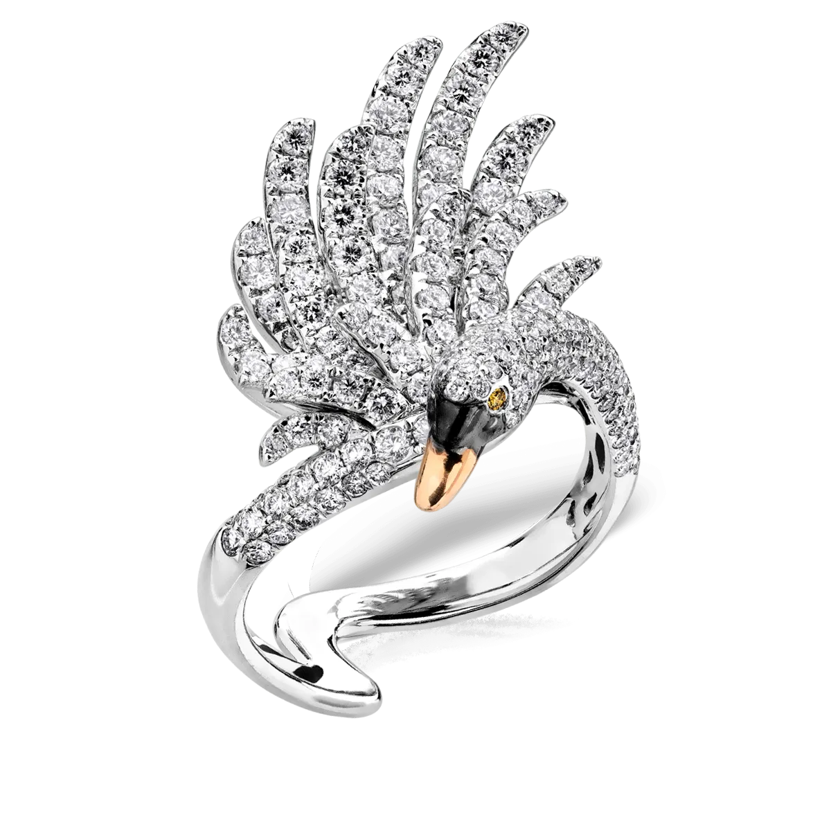 Inel lebada din aur alb de 18K cu diamante transparente de 1.68ct si diamante galbene de 0.01ct