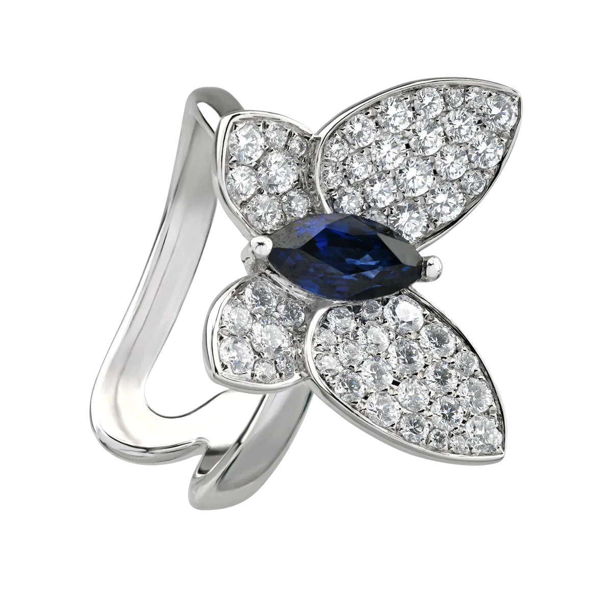 Inel fluture din aur alb cu safir pear de 0.9ct si diamante de 0.8ct