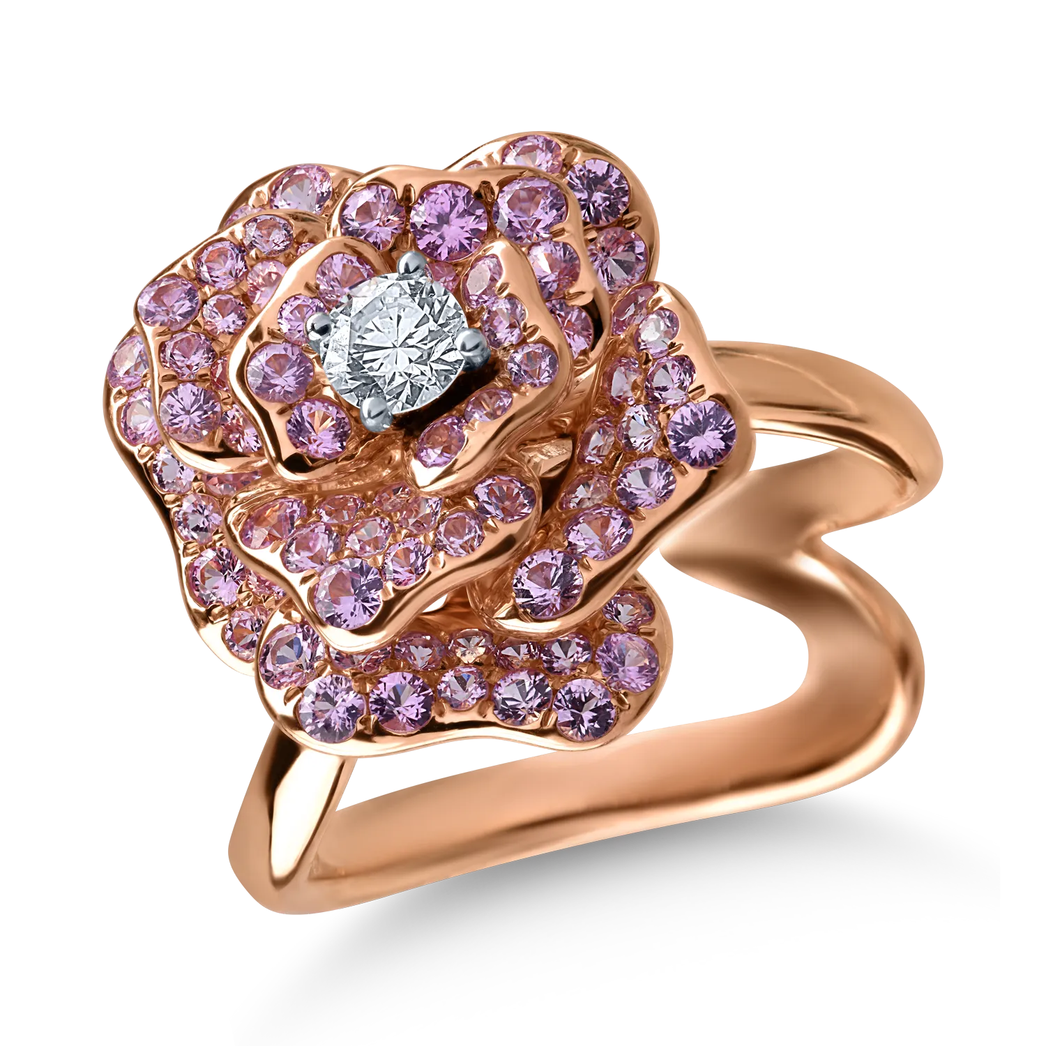 Пръстен от розово злато с 0.16ct диамант и 1.3ct розови сапфири