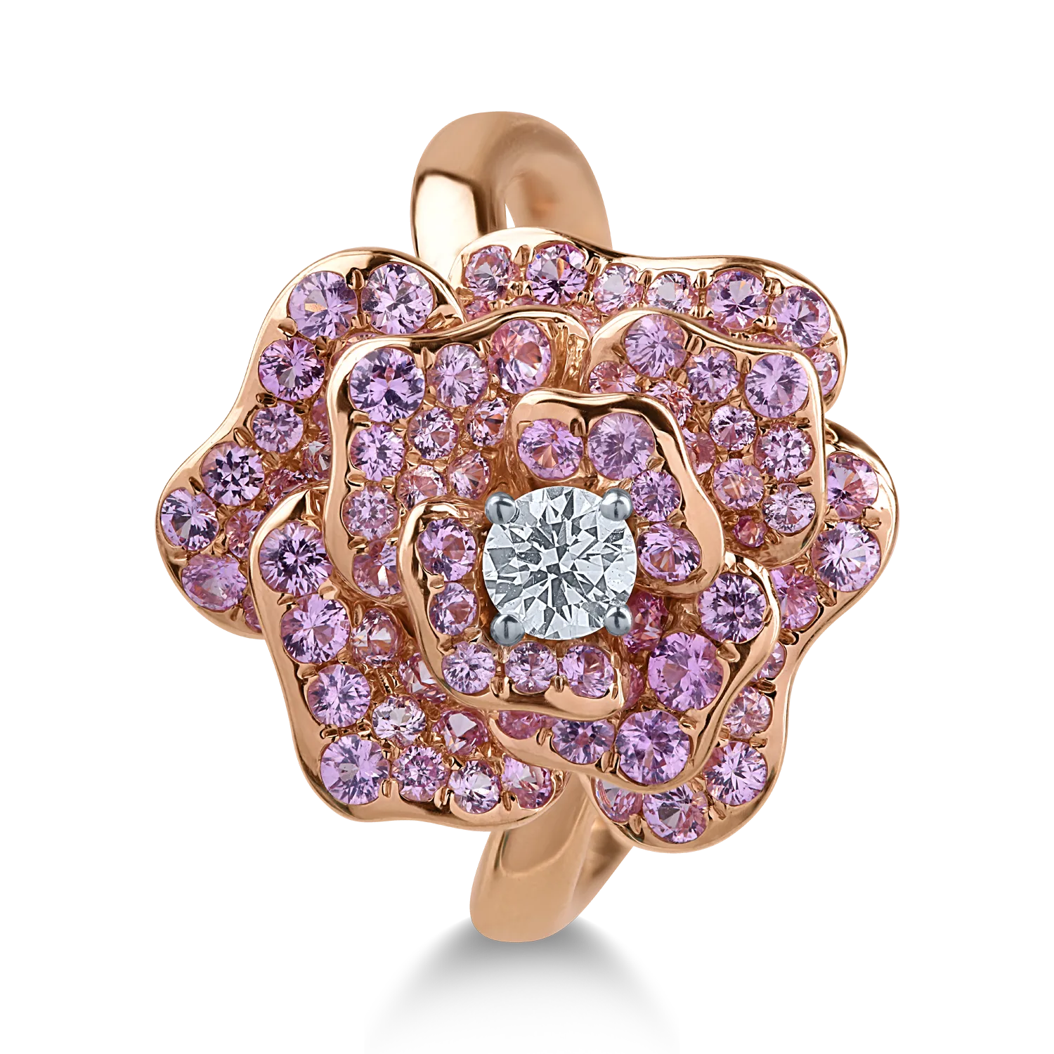 Пръстен от розово злато с 0.16ct диамант и 1.3ct розови сапфири
