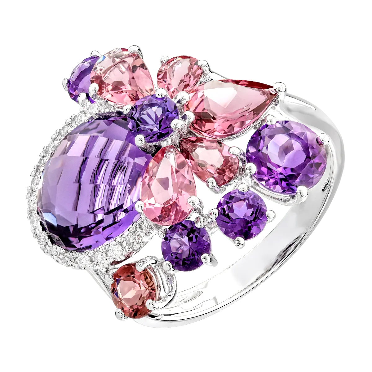 18K white gold ring with precious and semi-precious stones of 7.69 ct