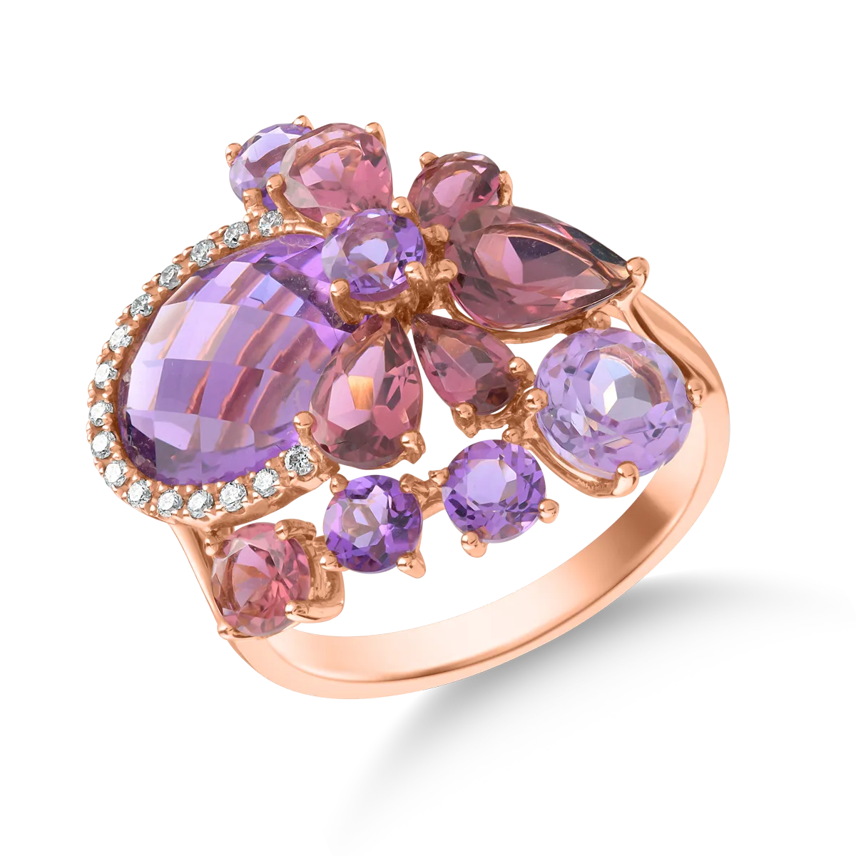 Rózsarany gyűrű 7.4ct drágakövekkel és féldrágakövekkel-116656