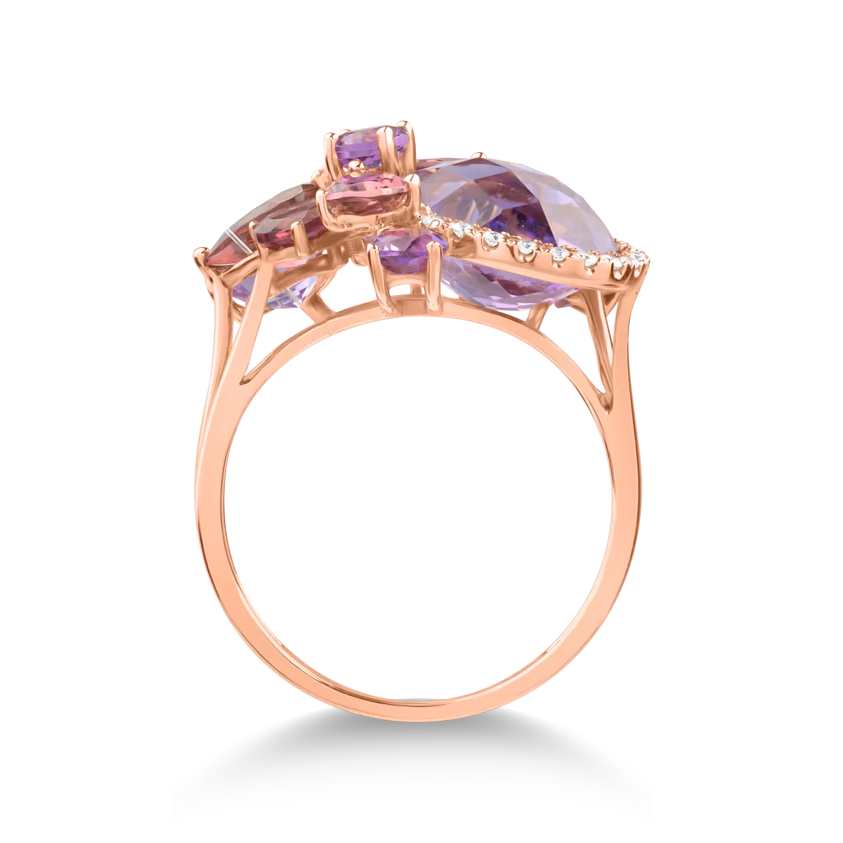 Rózsarany gyűrű 7.4ct drágakövekkel és féldrágakövekkel