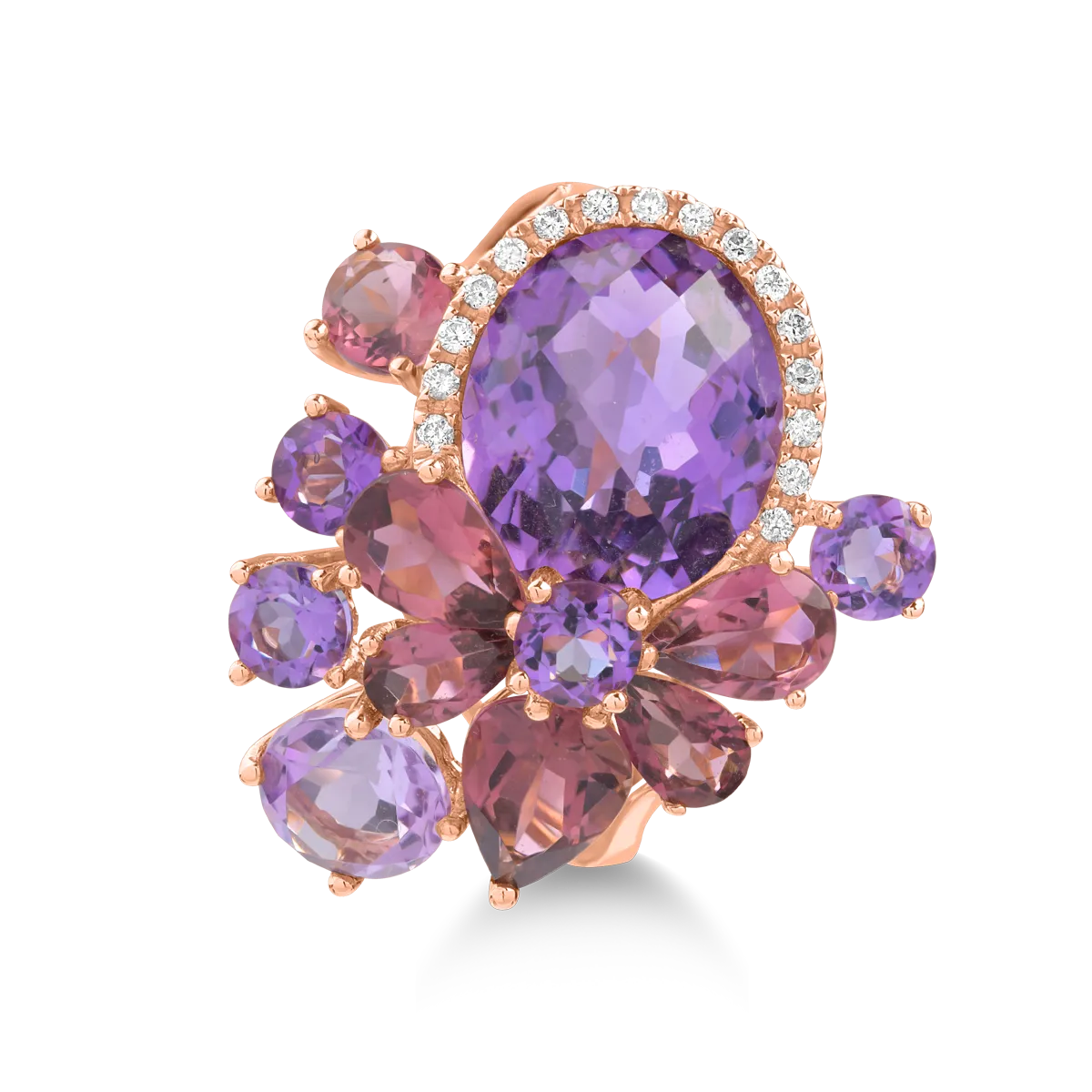 Rózsarany gyűrű 7.4ct drágakövekkel és féldrágakövekkel