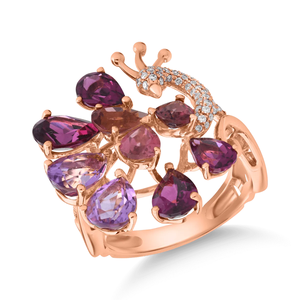 Inel paun din aur roz de 18K cu pietre pretioase si semipretioase de 5.78ct