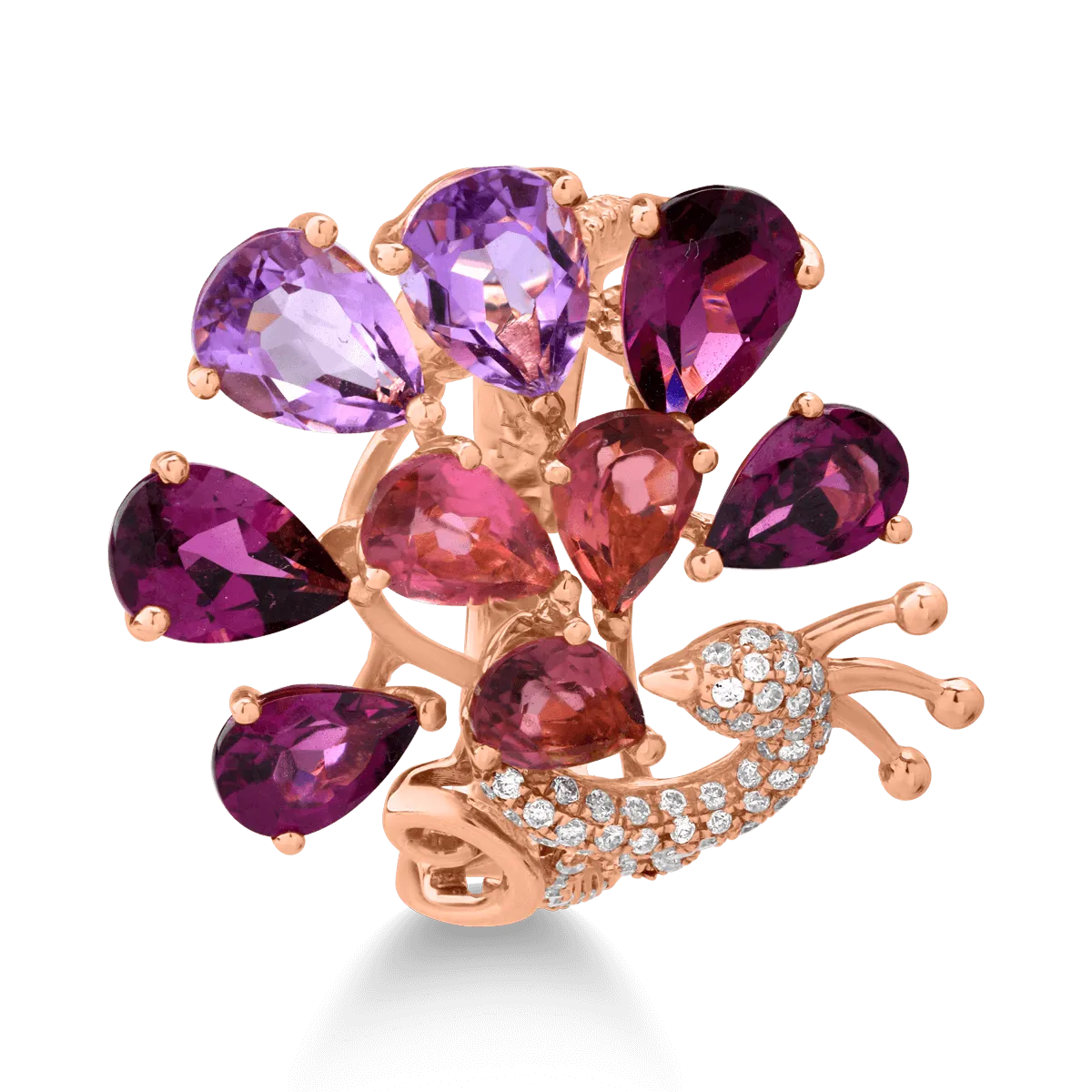 Inel paun din aur roz de 18K cu pietre pretioase si semipretioase de 5.78ct