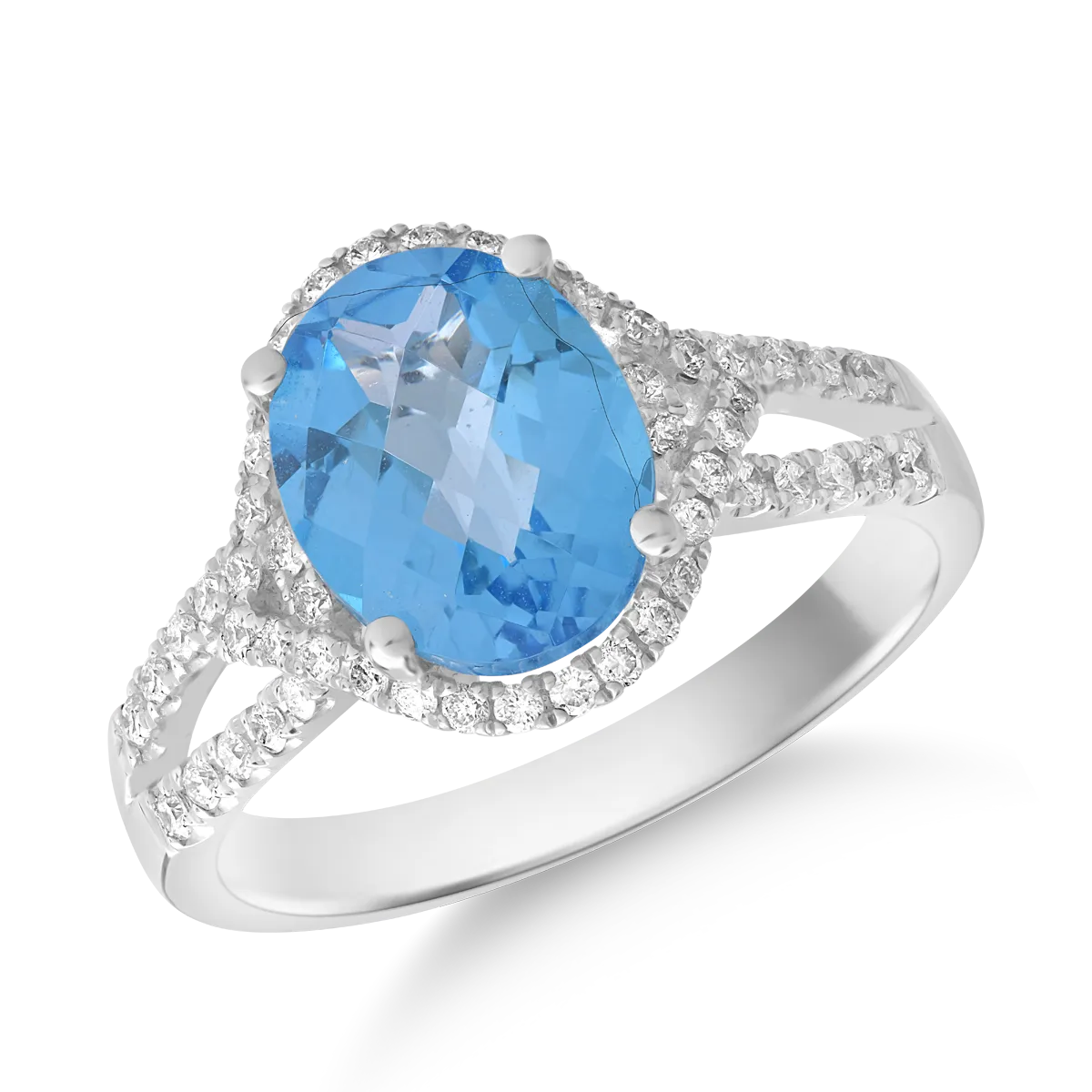 Inel din aur alb de 18K cu topaz albastru de 3ct si diamante de 0.38ct