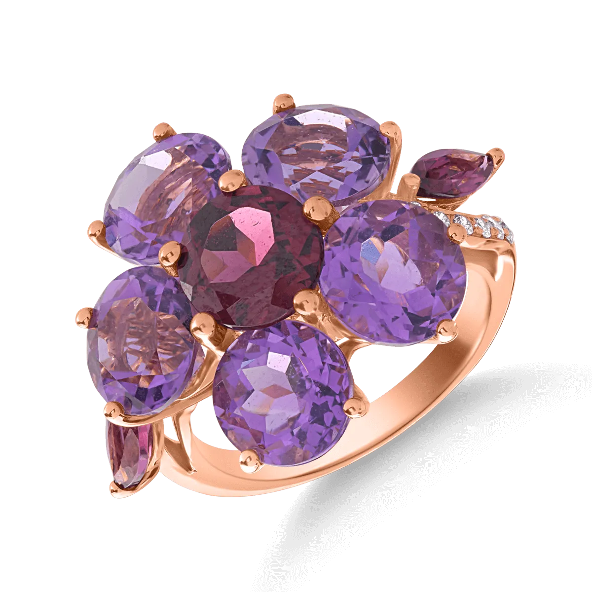 18K rose gold flower ring with 9.22ct precious and semiprecious stones