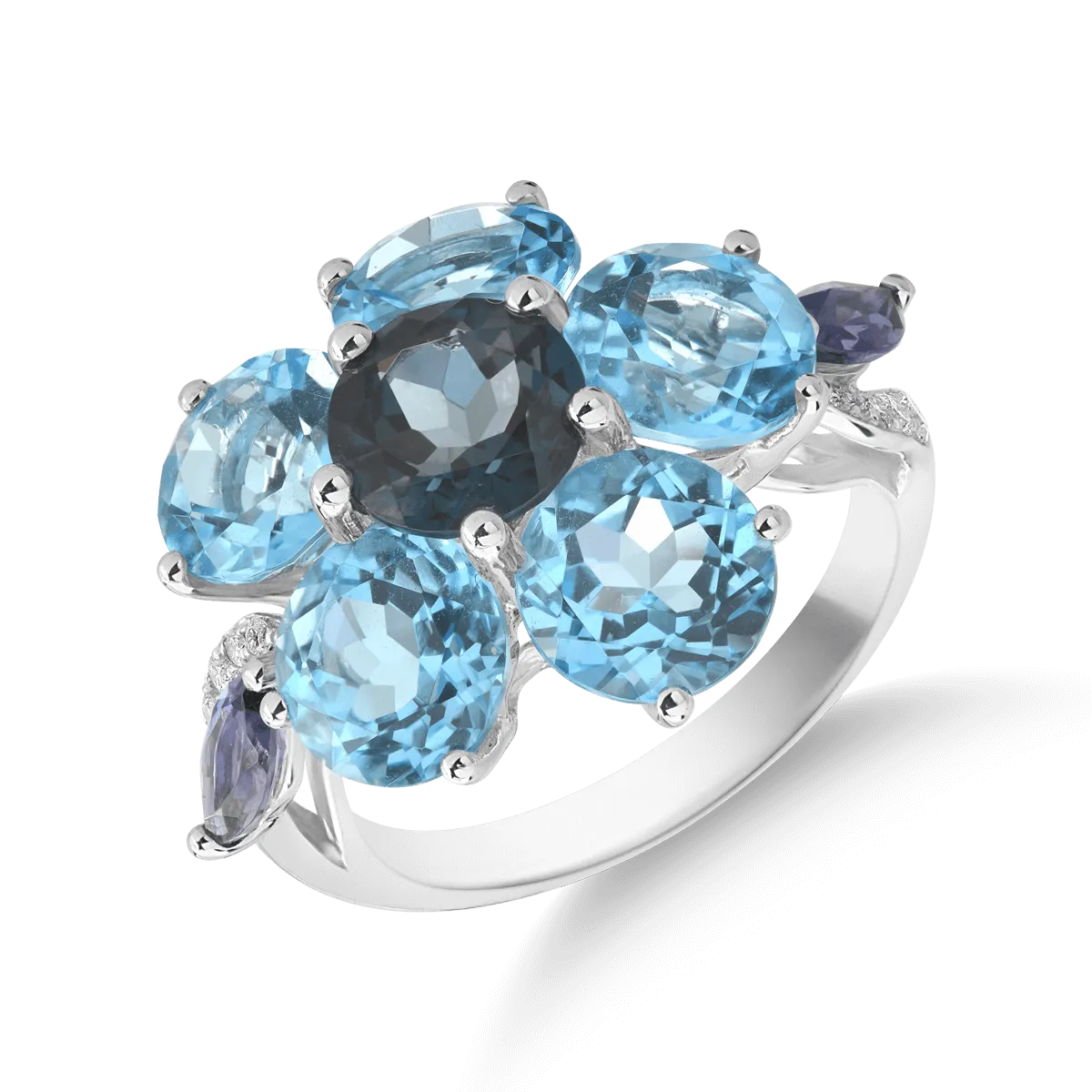 18K white gold flower ring with 9.92ct precious and semiprecious stones