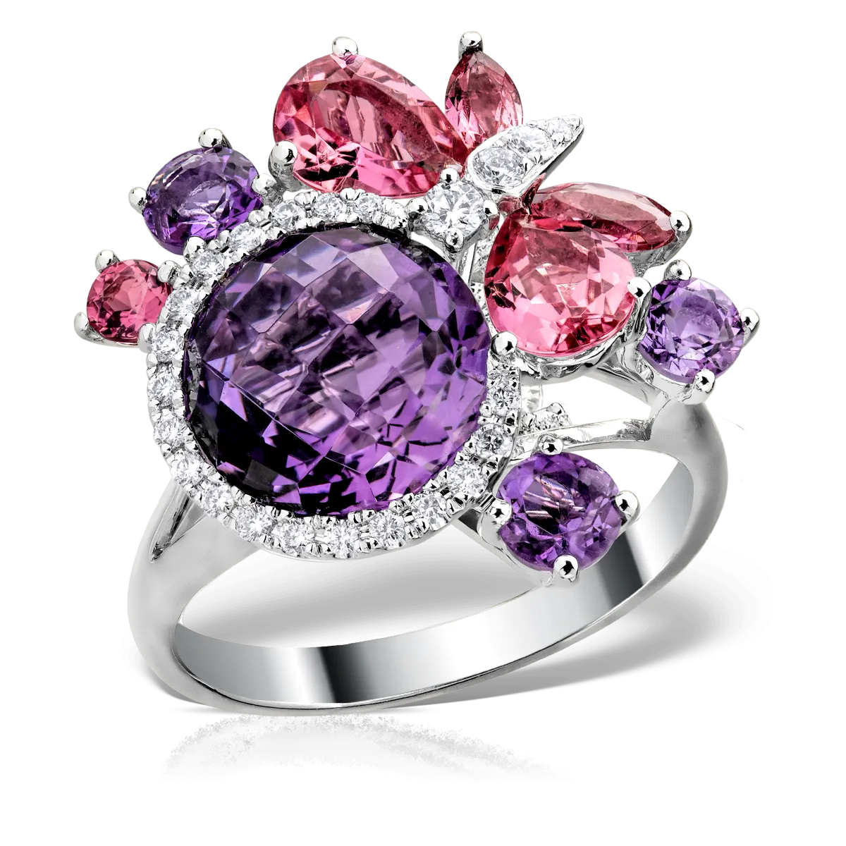 18K white gold ring with precious and semi-precious stones of 7.33ct