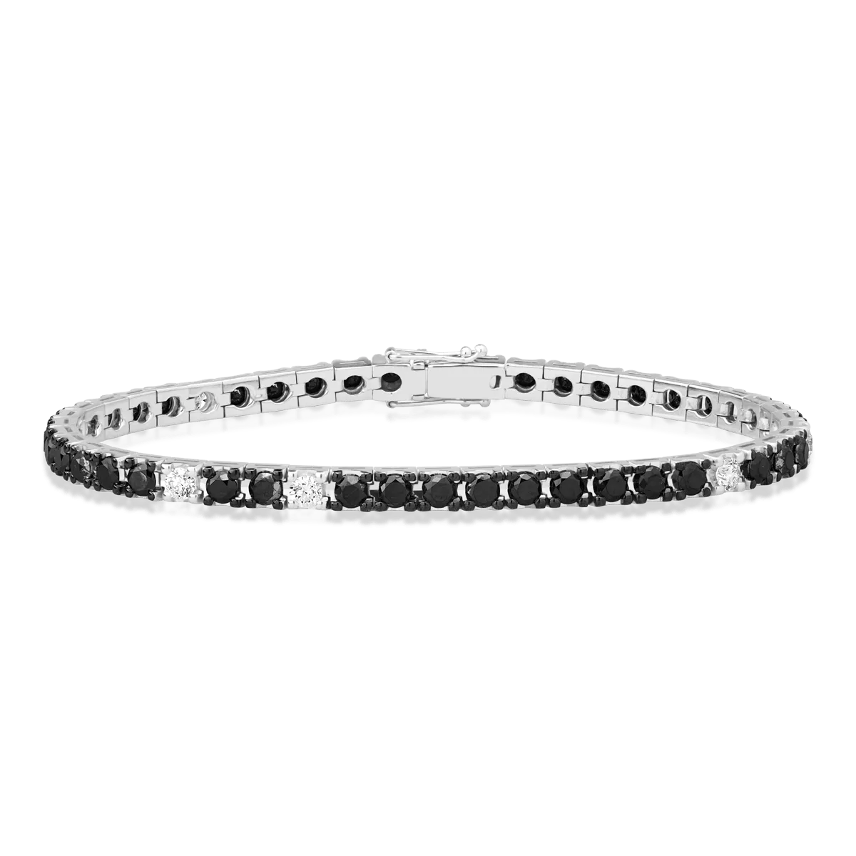 18K white gold tennis bracelet with black diamonds of 7.7ct and clear diamonds of 0.95ct