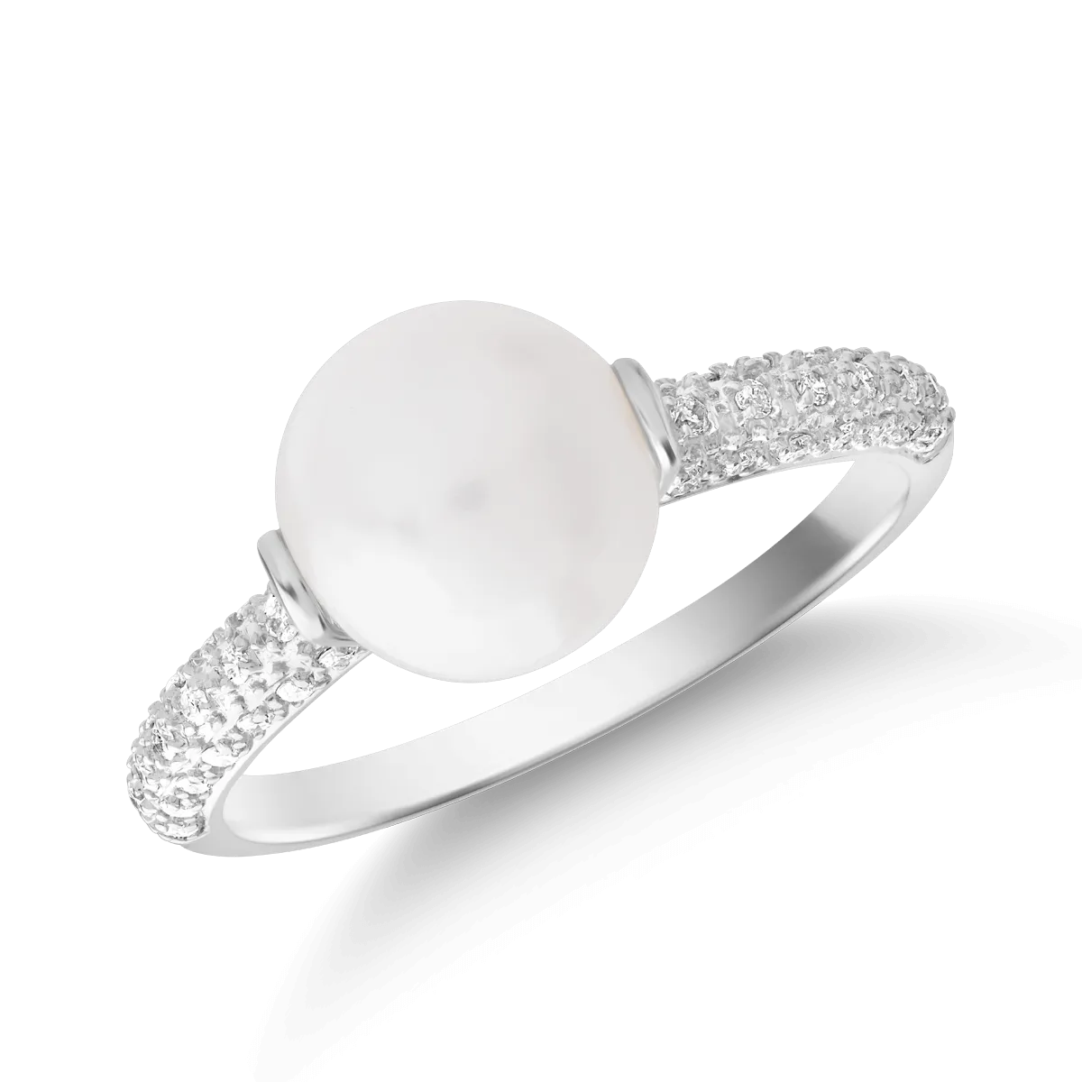 Inel din aur alb de 14K cu perla de cultura 3.653ct si diamante de 0.156ct