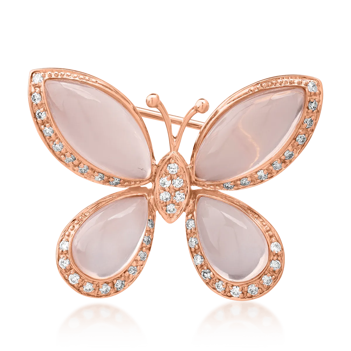 Brosa fluture din aur roz cu quartz roz marquise si pear de 13.646ct si diamante de 0.334ct