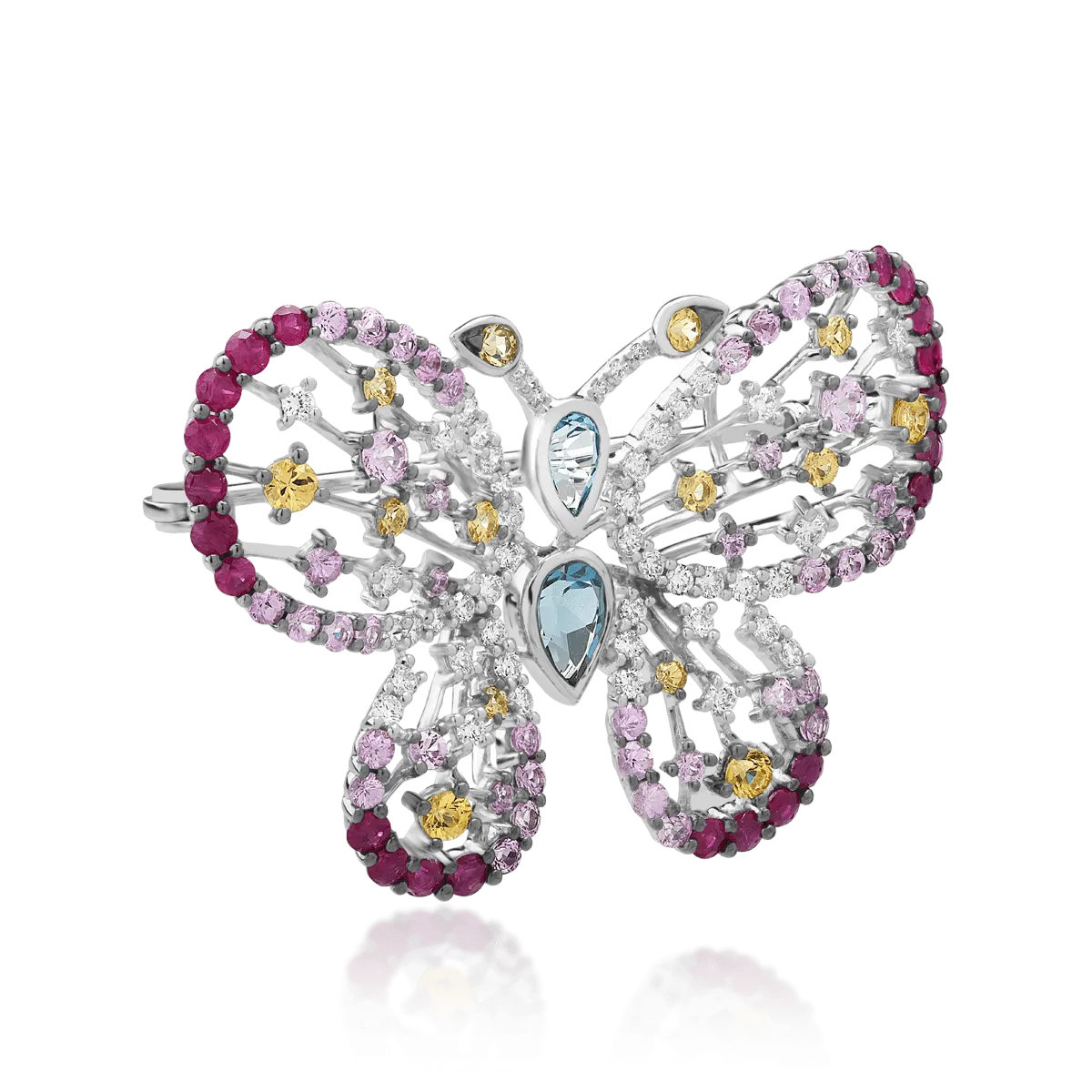 Brosa fluture din aur alb cu pietre pretioase si semipretioase de 4.59ct