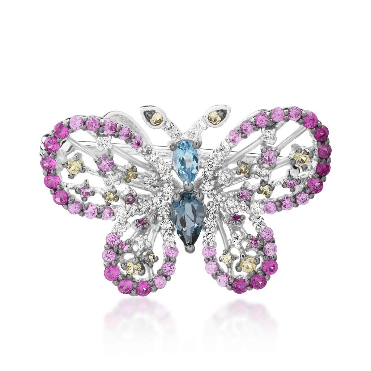 Brosa fluture din aur alb cu pietre pretioase si semipretioase de 1.53ct