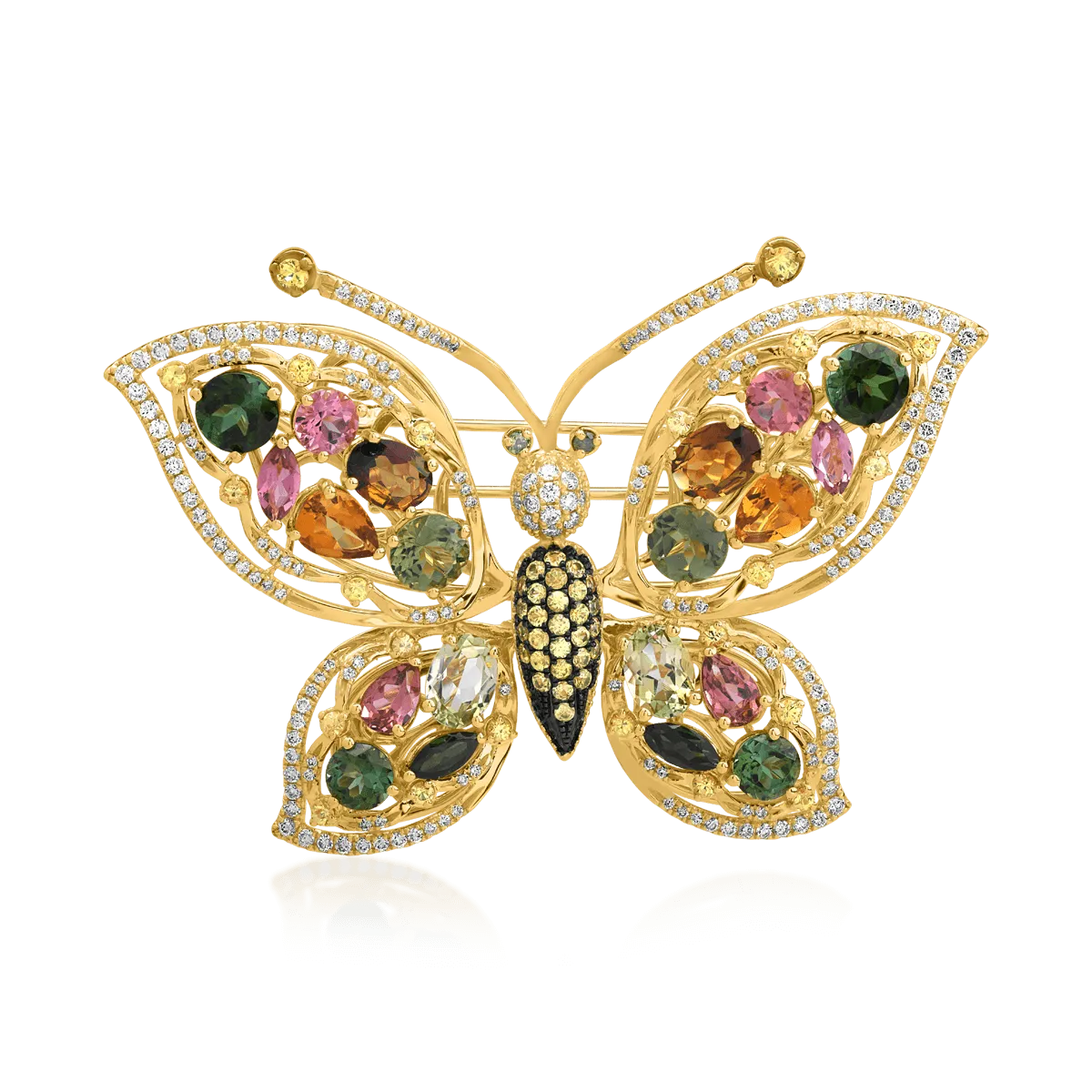 18K yellow gold brooch with 12.76ct precious and semi-precious stones