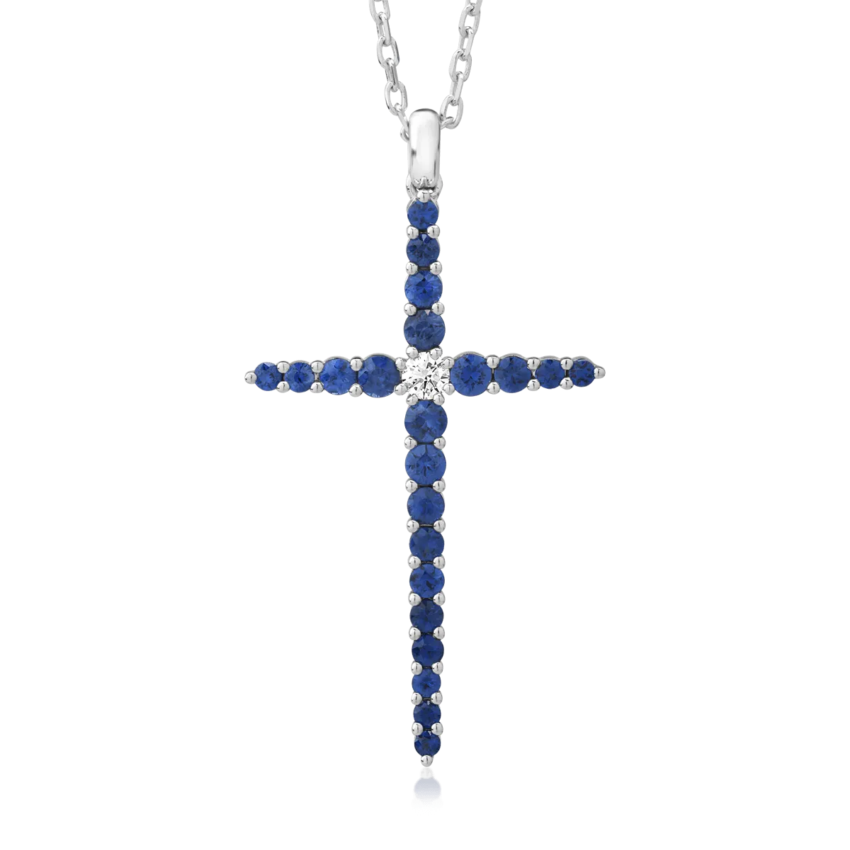 18K white gold cross pendant necklace with 1.1ct sapphires and a 0.09ct diamond