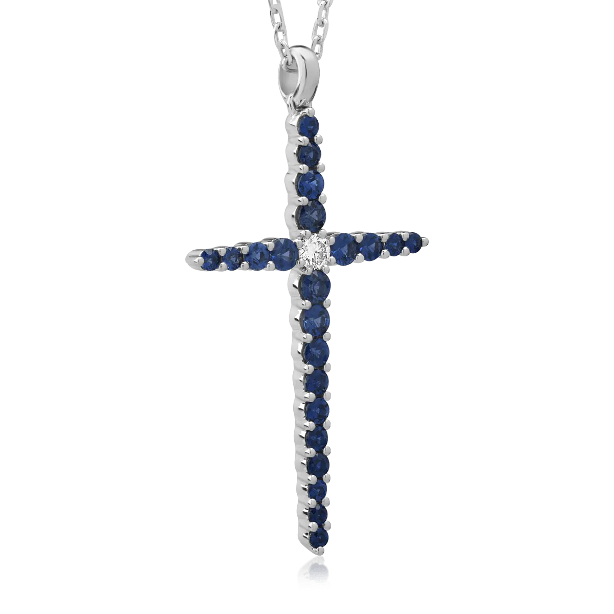 18K white gold cross pendant necklace with 1.1ct sapphires and a 0.09ct diamond