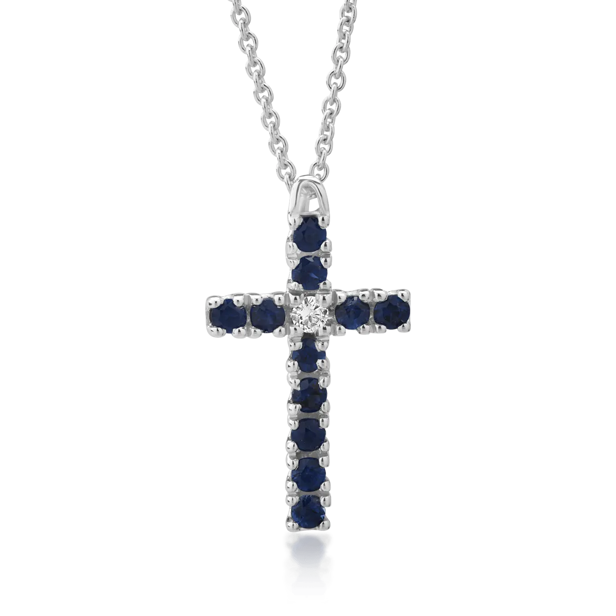 Lant cu pandantiv cruce din aur alb cu safire de 0.42ct si un diamant de 0.04ct