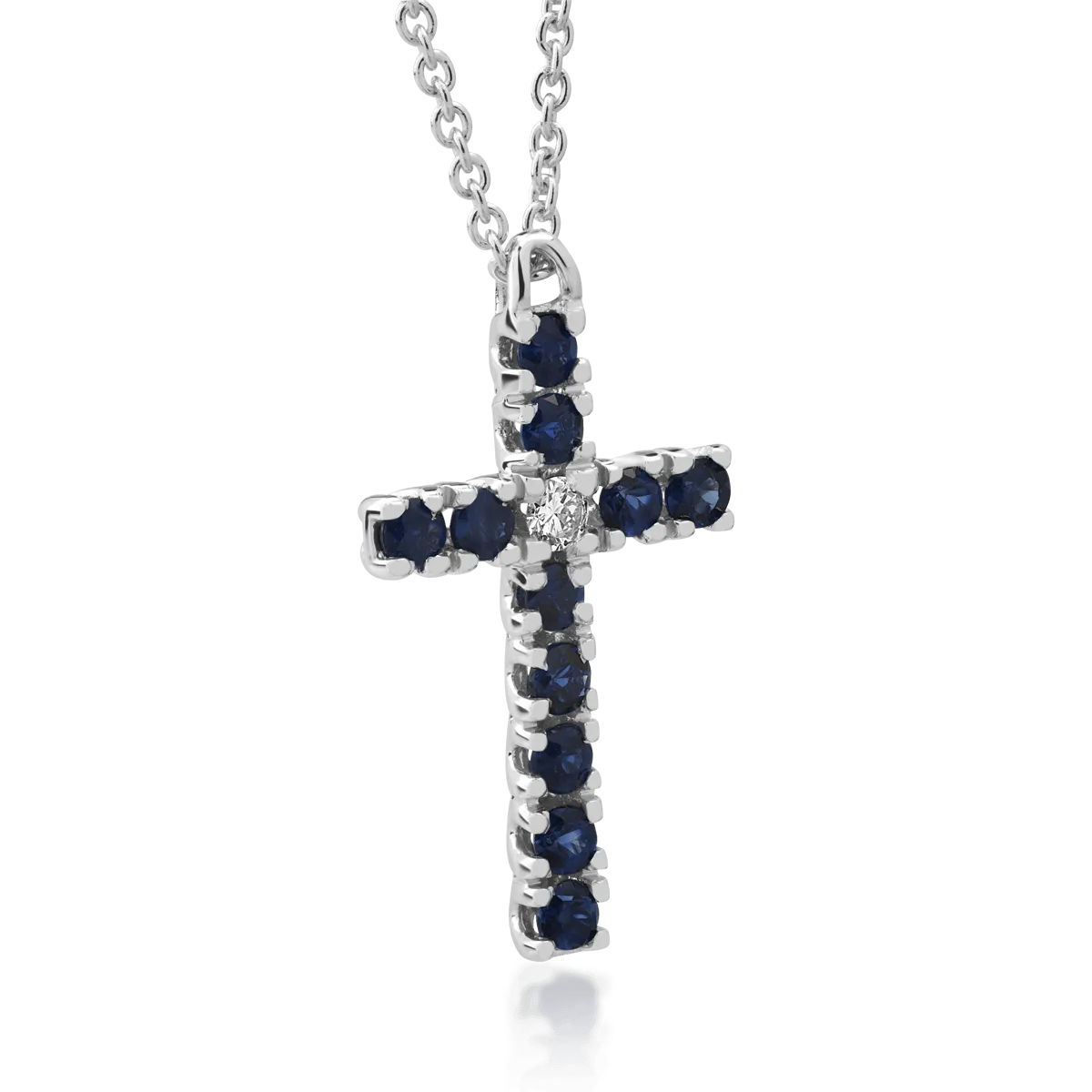18K white gold cross pendant necklace with 0.42ct sapphires and a 0.04ct diamond