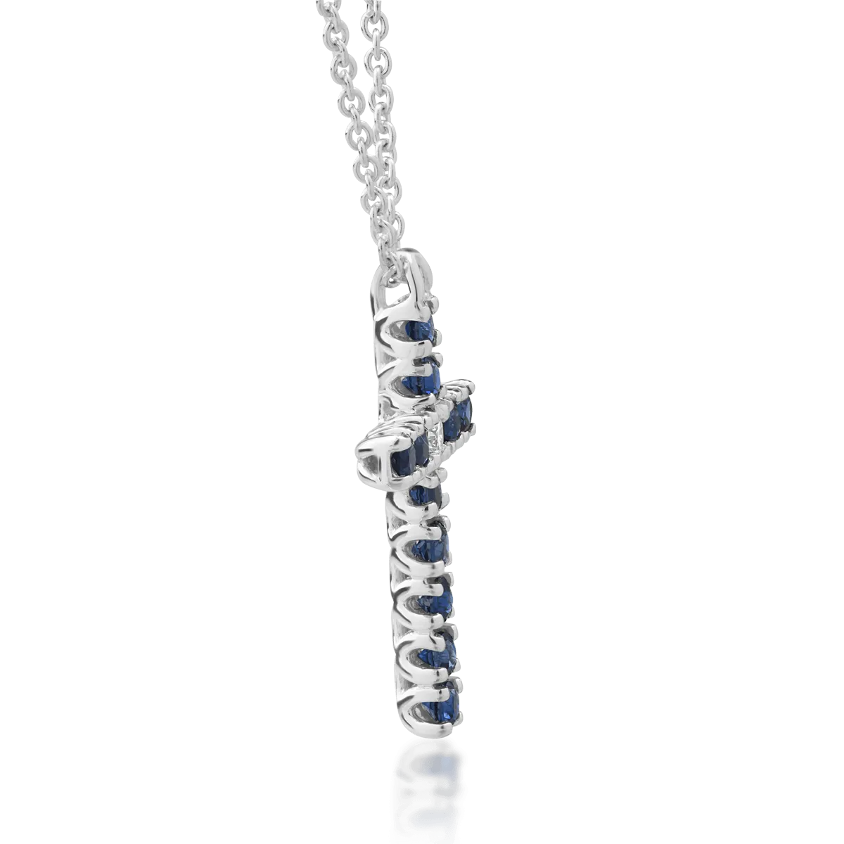 18K fehérarany keresztfüggő nyaklánc 0.42ct zafírral és 0.04 karos gyémánttal