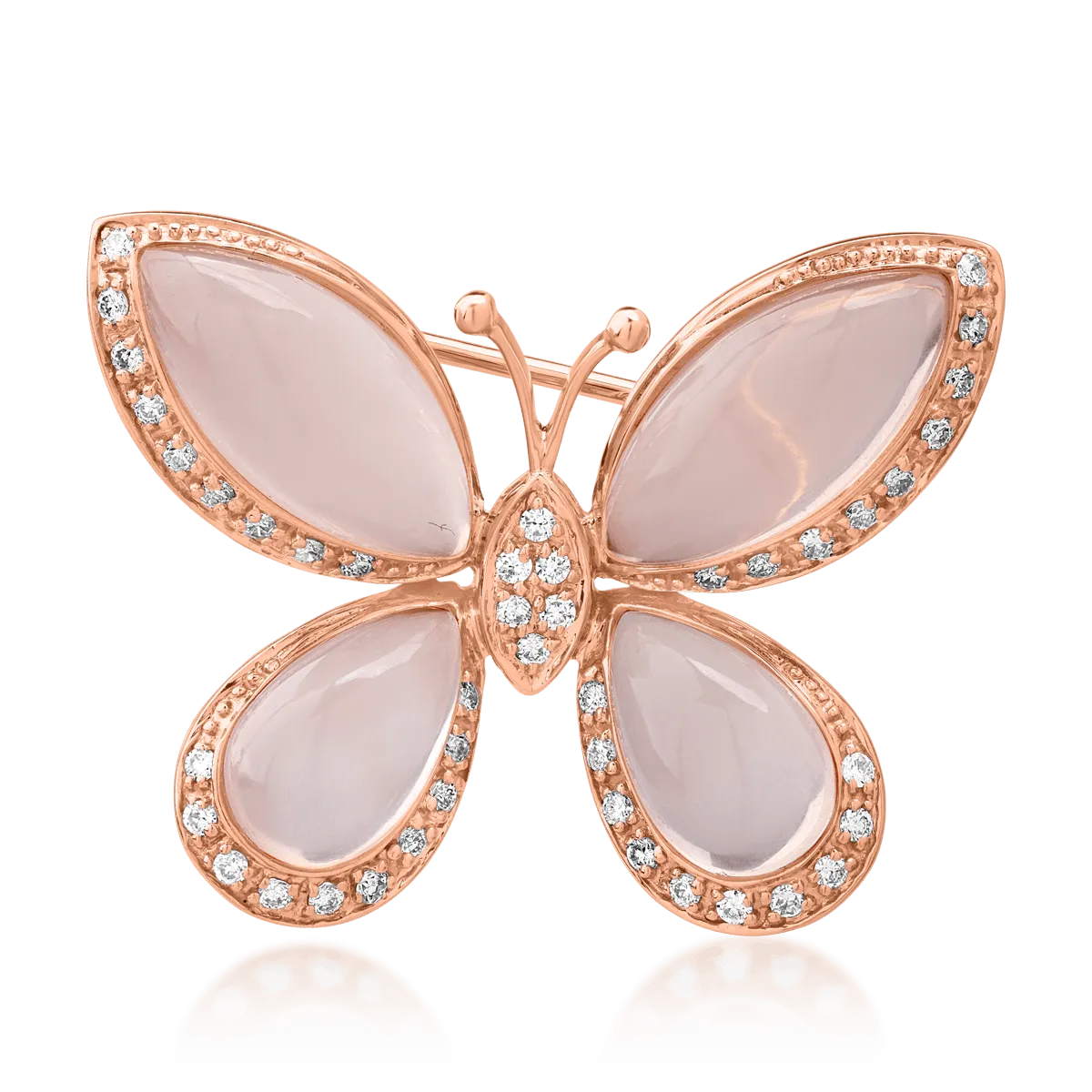 Brosa fluture din aur roz de 18K cu quartz roz de 13.646ct si diamante de 0.334ct