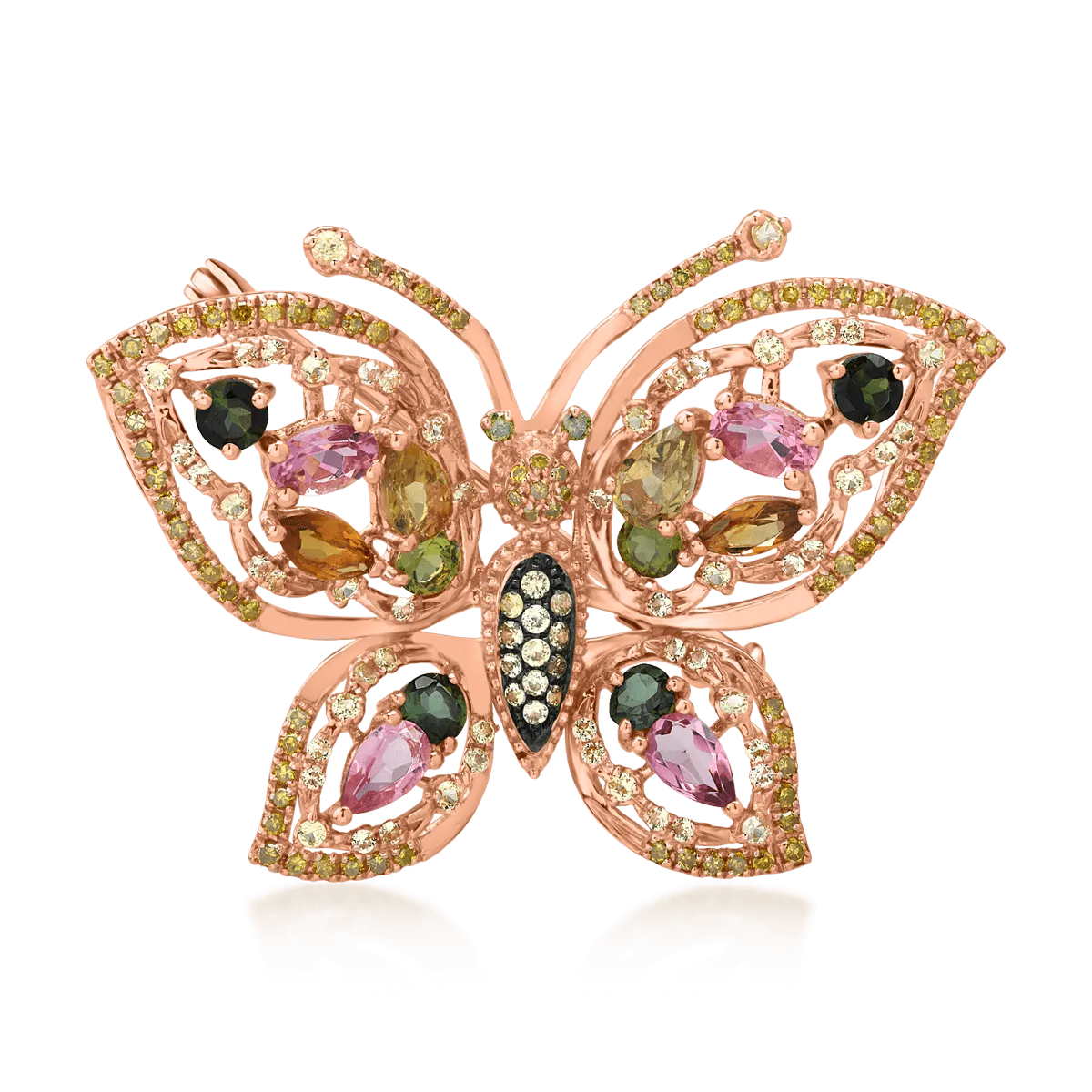 Brochs pillangó 18k-tól rózsaszín arany, értékes és félig drágakövek 3.27ct