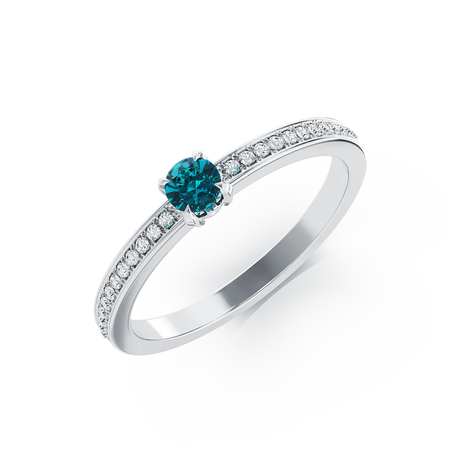 Inel de logodna din aur alb de 18K cu diamant albastru de 0.21ct si diamante transparente de 0.16ct