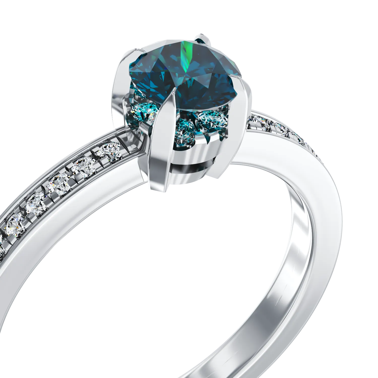 Годежен пръстен от 18K бяло злато с 0.41ct син диамант и 0.2ct прозрачни диаманти