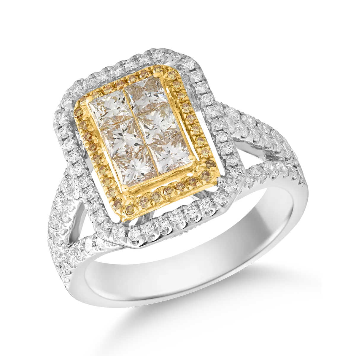 Inel din aur alb-galben cu diamante galbene si incolore de 1.7ct