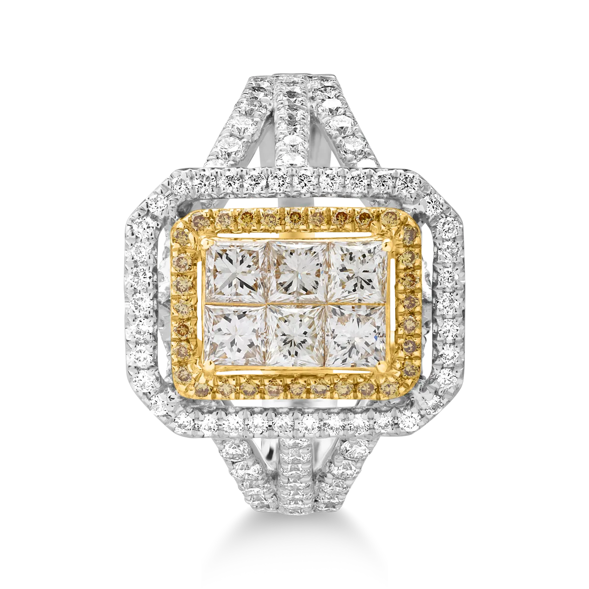 Inel din aur alb-galben cu diamante galbene si incolore de 1.7ct