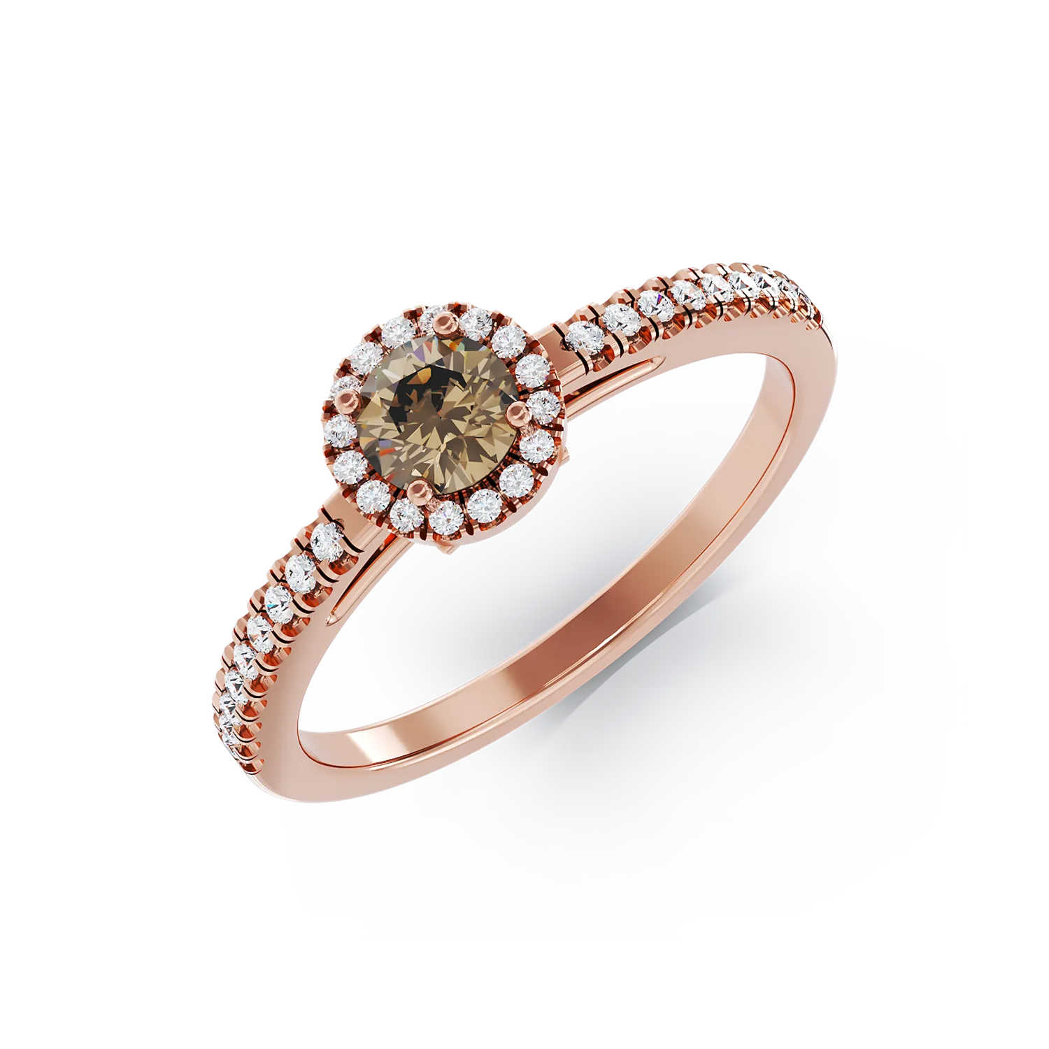 Inel de logodna din aur roz de 18K cu diamant maro de 0.3ct si diamante transparente de 0.2ct
