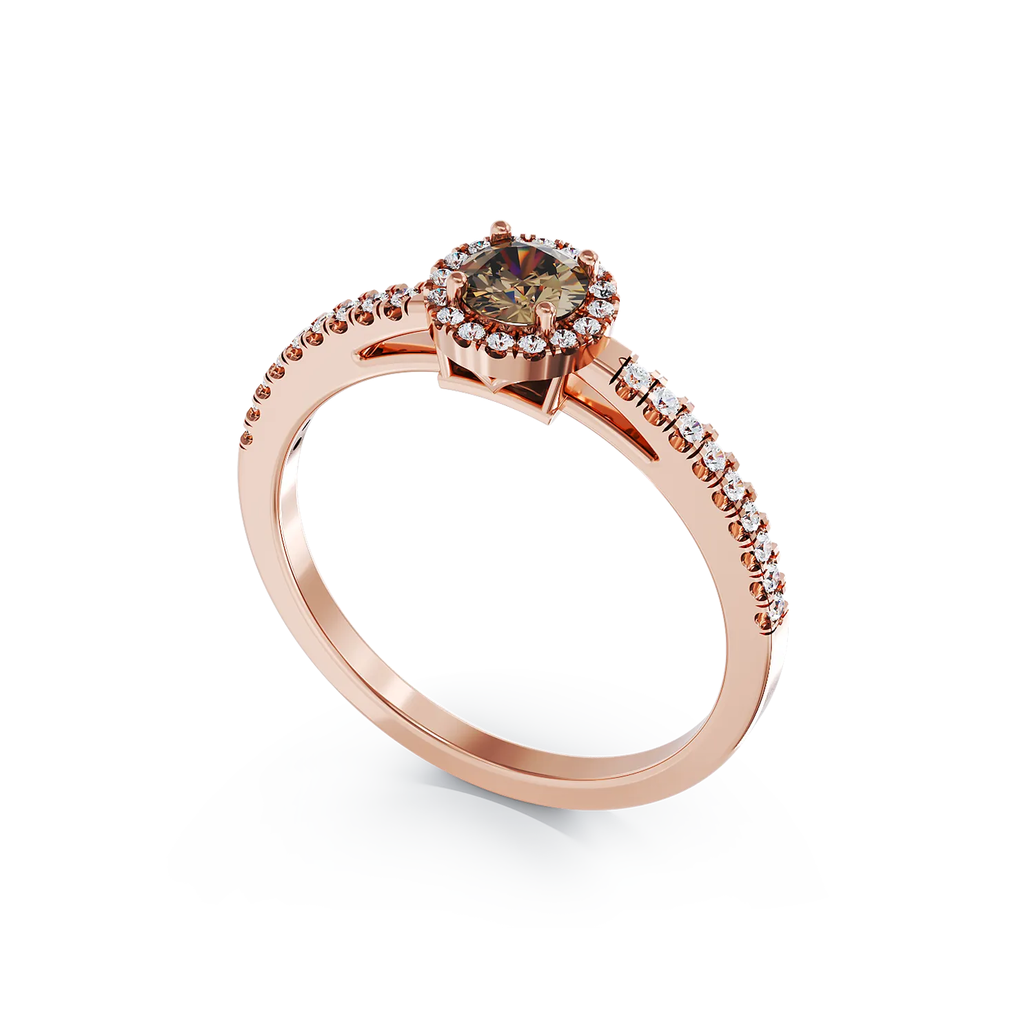Pierścionek zaręczynowy z 18K różowego złota z 0.3ct brązowym diamentem i 0.2ct bezbarwnymi diamentami