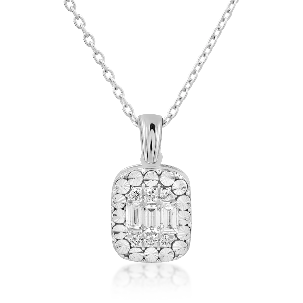 Lant cu pandantiv din aur alb cu diamante baguette si rotunde de 0.28ct
