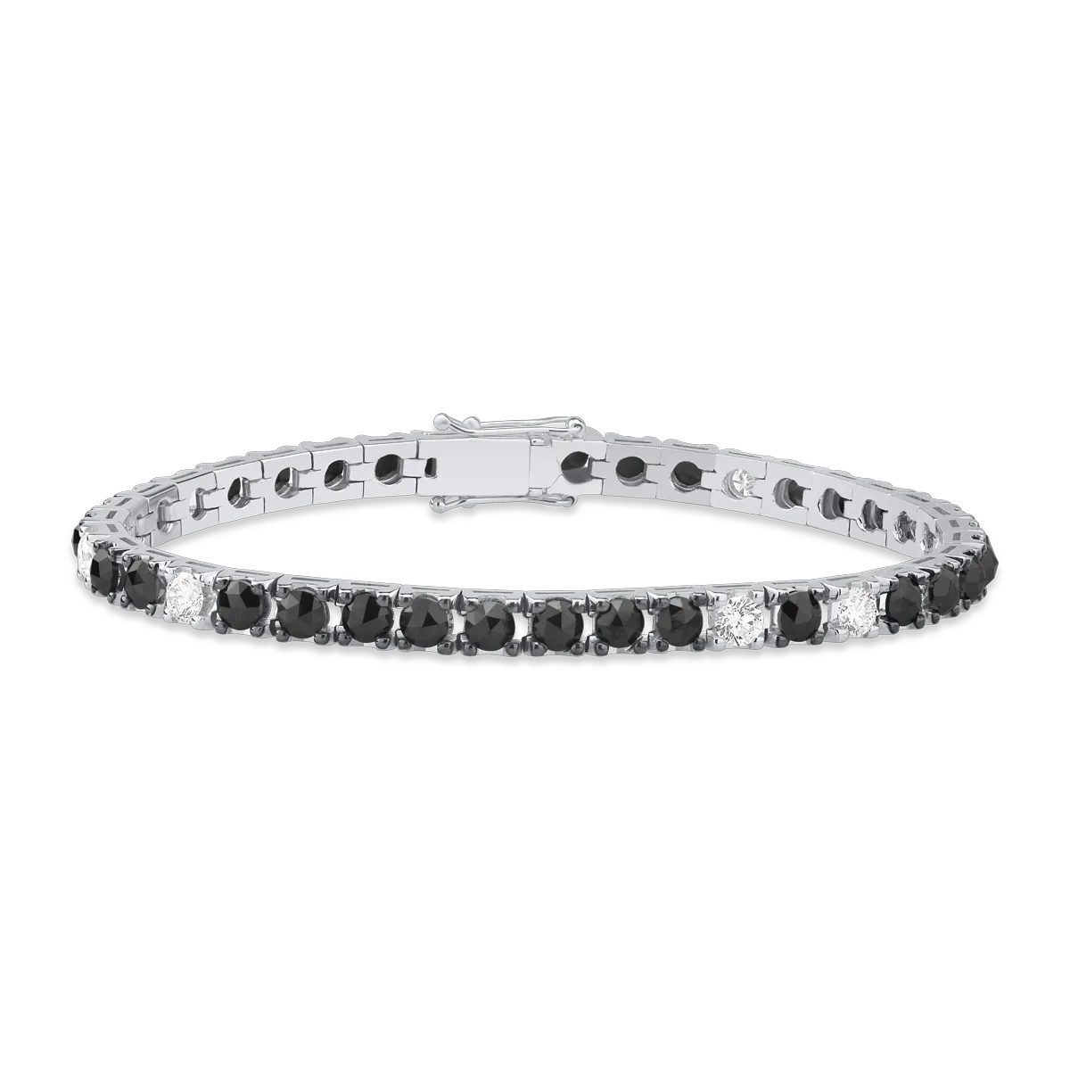 18K white gold tennis bracelet with 6.8ct black diamonds and 1.55ct clear diamonds