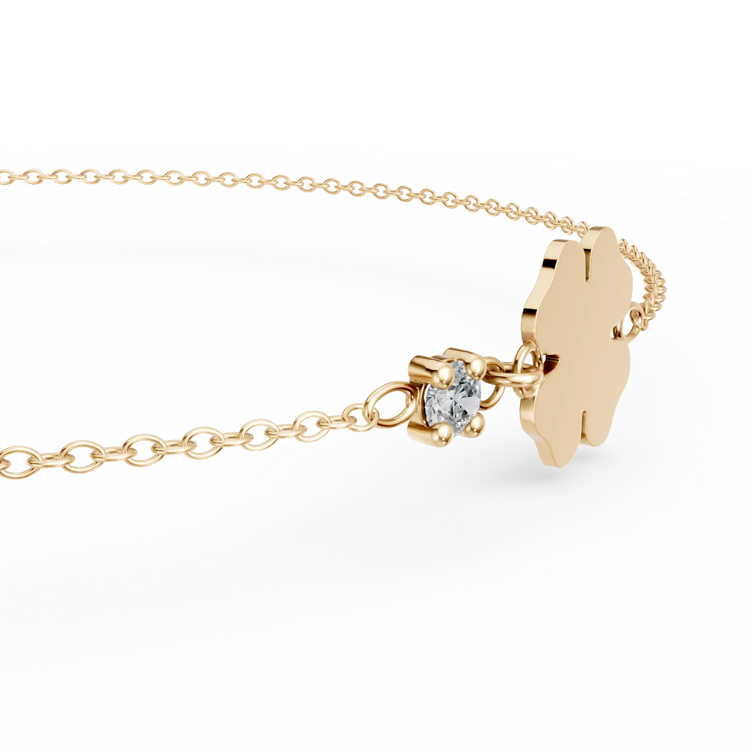 14K sárga arany háromlevelű lóhere gyermek karkötő 0.02ct gyémánttal