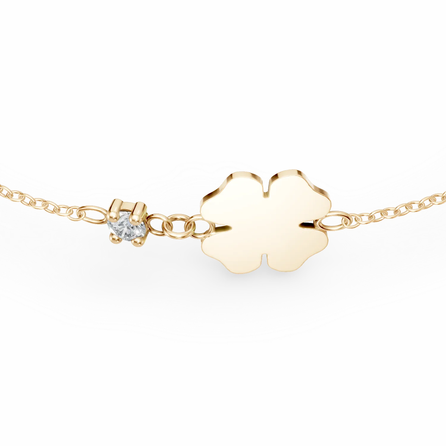 14K sárga arany háromlevelű lóhere gyermek karkötő 0.02ct gyémánttal