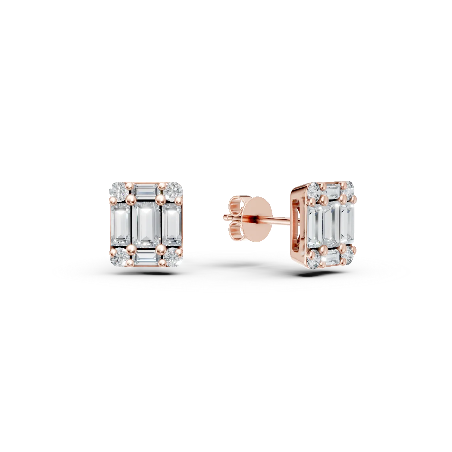 Cercei din aur roz cu diamante baguette si rotunde de 0.6ct