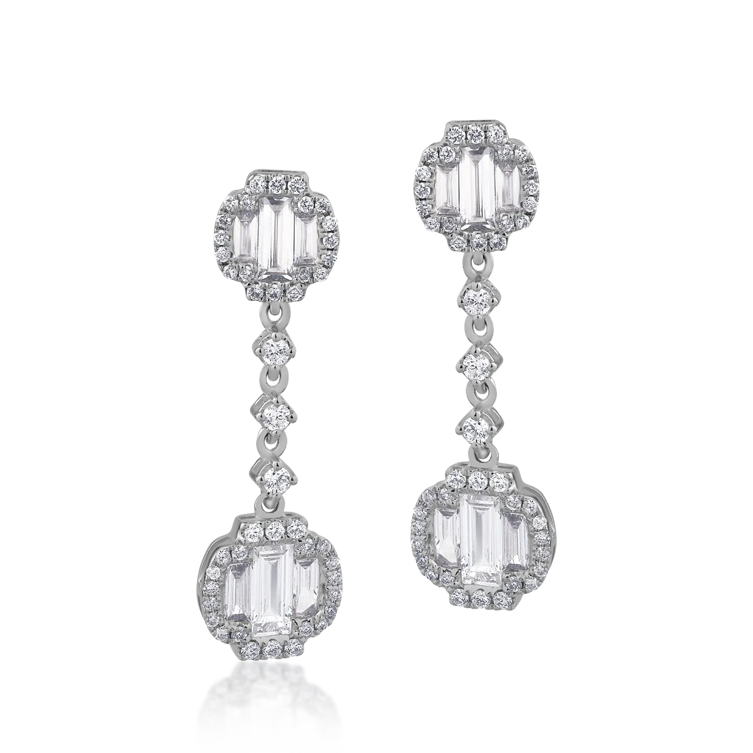 Teilor Cercei din aur alb cu diamante baguette si round de 1.36ct
