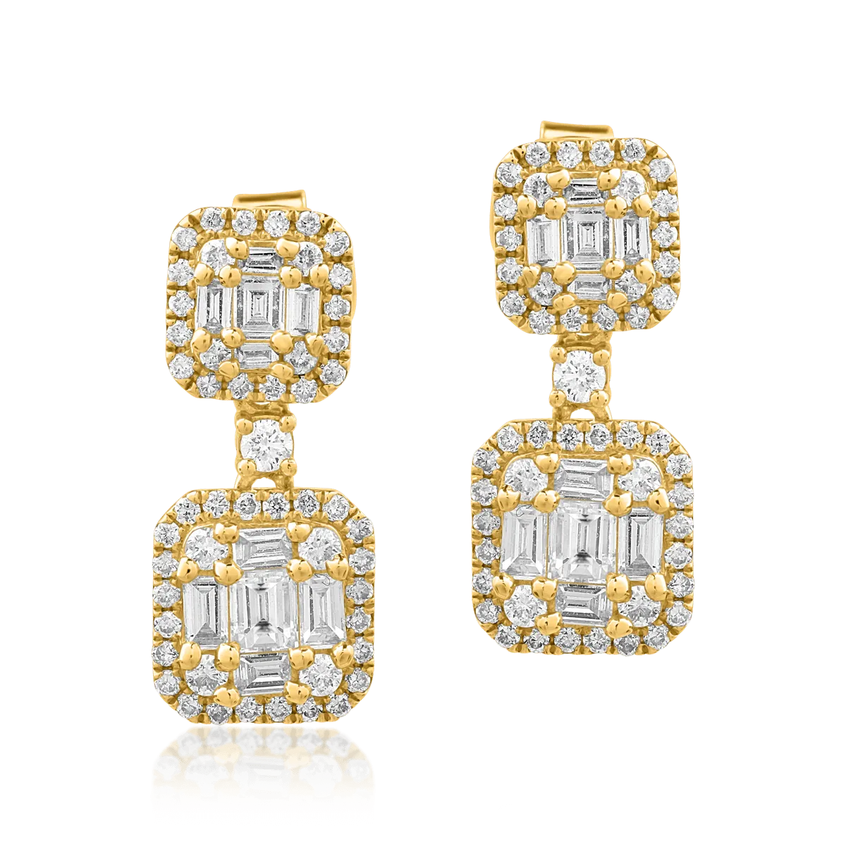 Teilor Cercei din aur galben cu diamante baguette si rotunde de 0.89ct