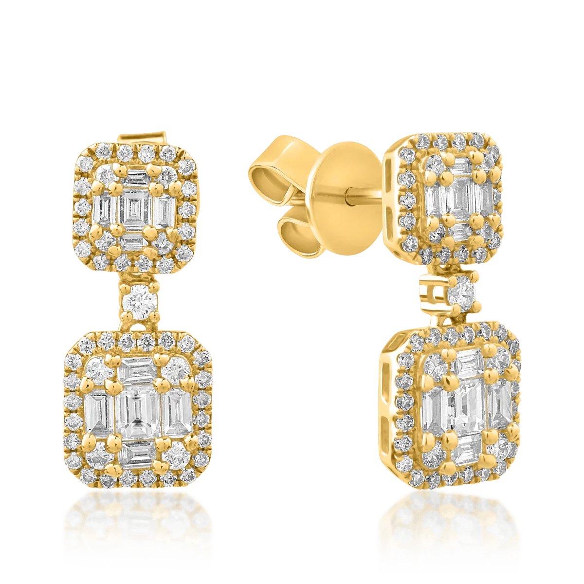 Cercei din aur galben cu diamante baguette si rotunde de 0.89ct